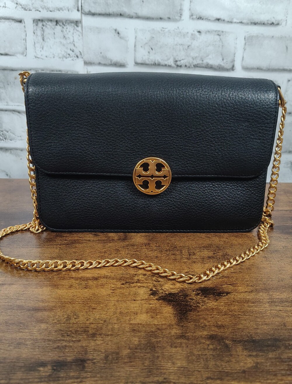 Tory Burch Black Pebbled Leather Chain Crossbody Shoulder Bag Gold Logo ( Read)